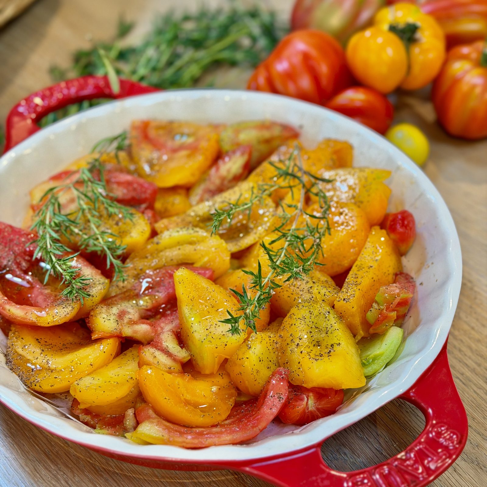 A dish of tomatoes roasted with thyme